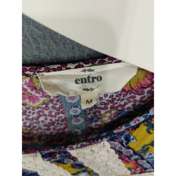 ENTRO Women Tunic Dress SZ M Patchwork Floral Lace Flare Pleated 3/4 Sleeve Boho - Picture 4 of 9